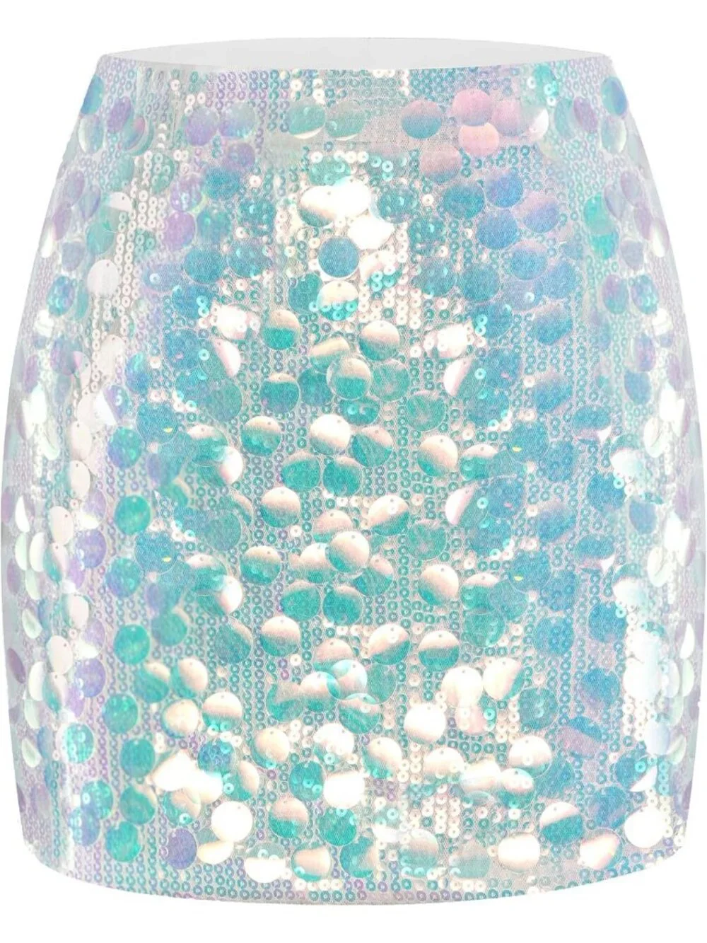 Women Large Sequin Sparkle High Waist Bodycon Stretchy White/Rainbow Mini Skirt